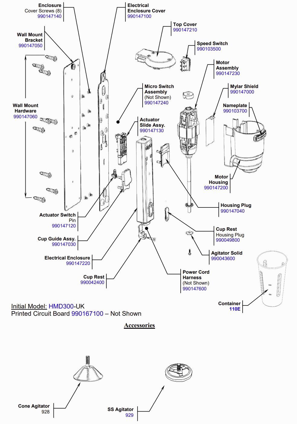 Diagram Diagram and Parts List for HMD300-UK-A  Hamilton Beach Drink Mixer